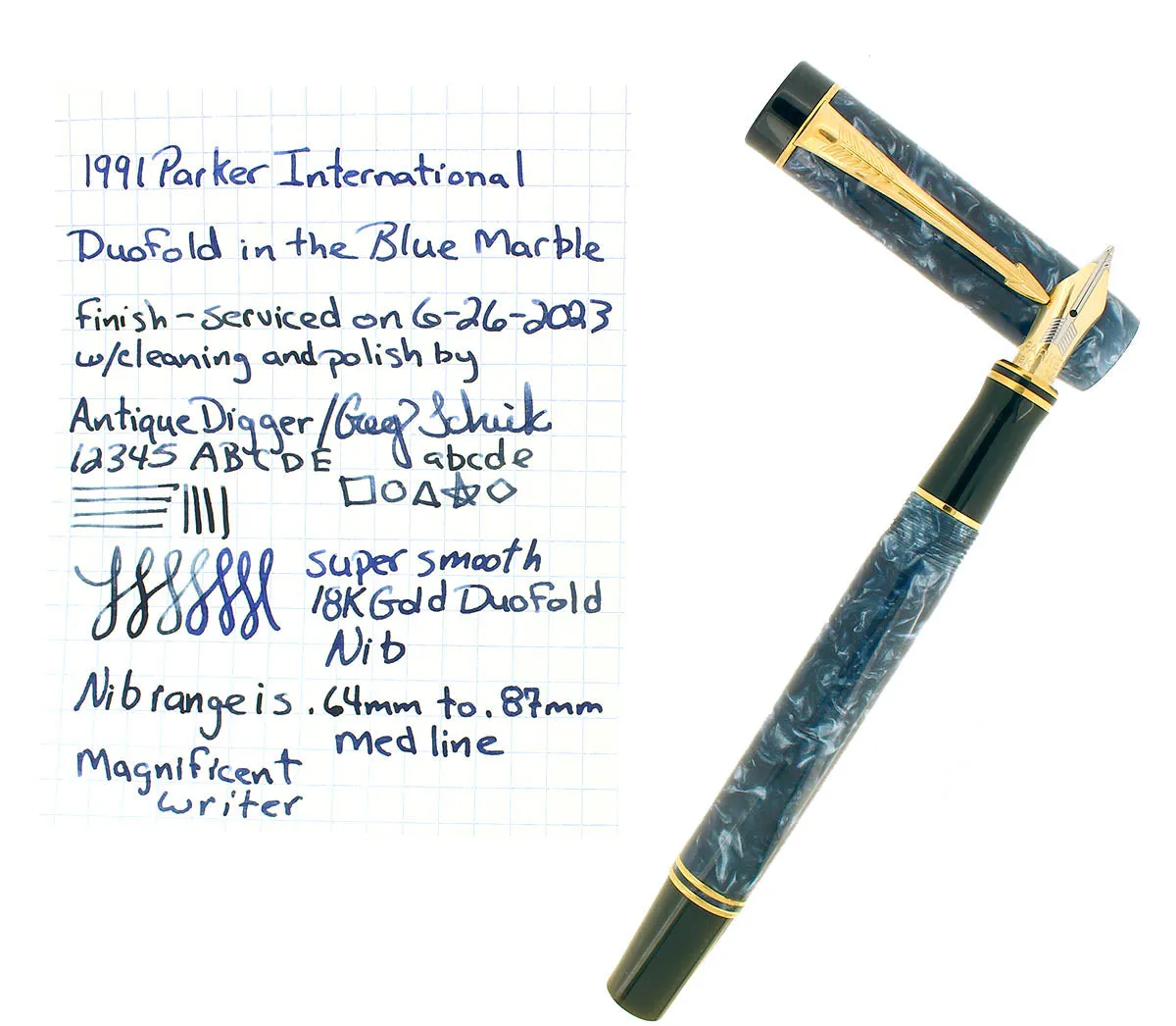 1991 PARKER DUOFOLD INTERNATIONAL BLUE MARBLE FOUNTAIN PEN 18K MEDIUM NIB