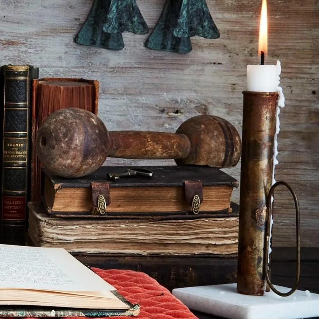 Antiqued Brass and Marble Candle Holder with Handle