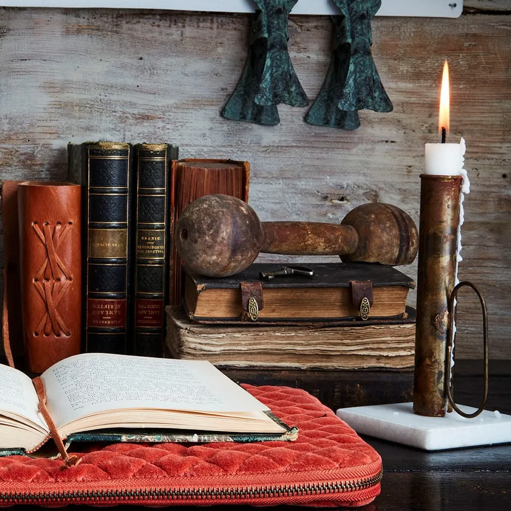 Antiqued Brass and Marble Candle Holder with Handle