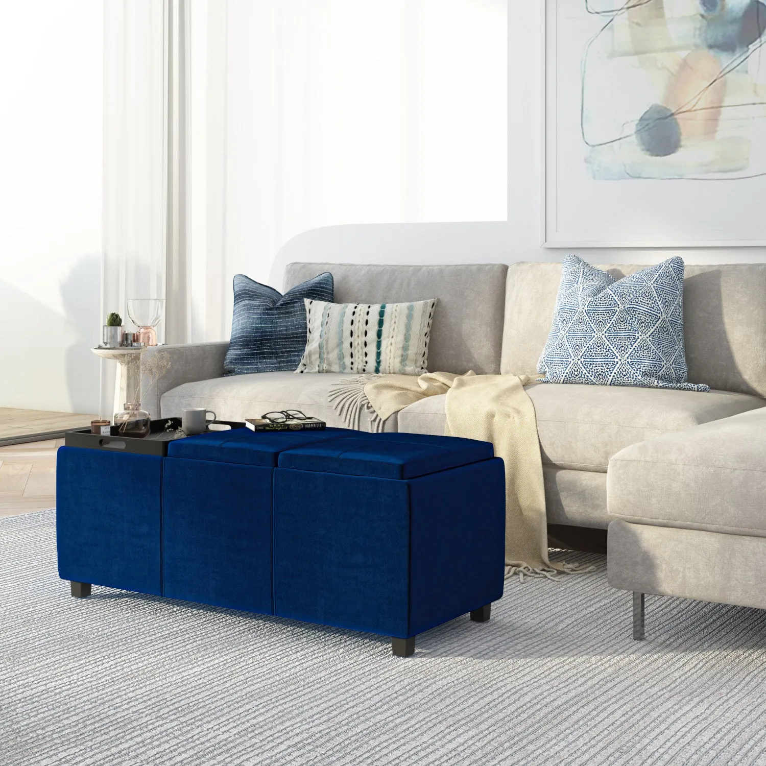 Avalon 3 Trays Ottoman in Velvet Fabric