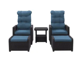 Black and Blue 5pc Patio Recliner and Ottoman Set