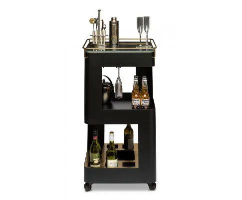 Contemporary Black Gold Drinks Trolley Bar Cart with Marble Top