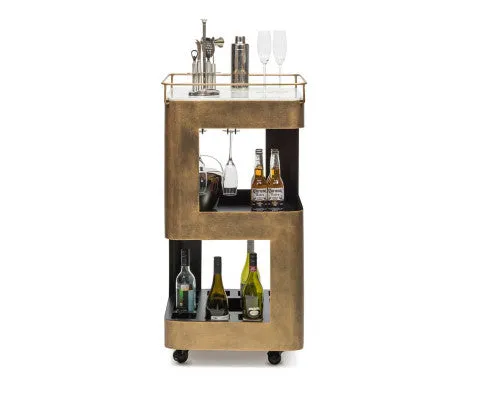 Contemporary French Brass Drinks Trolley Bar Cart with White Marble Top