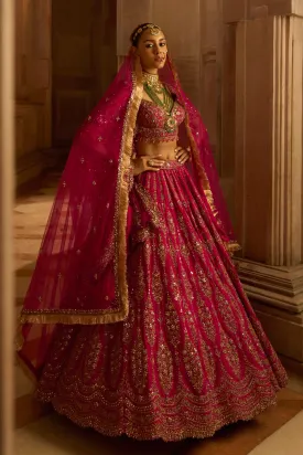 Fuchsia Red  Raw Silk Bridal Lehenga Choli with a Tulle Dupatta and an Optional Second Tulle Dupatta