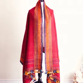 Handspun & Handwoven Ethnic Raw Wool Shawl - Rustic Wrap Throw | Red-Orange, 36x85"