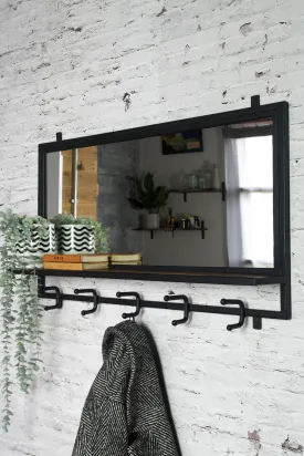 Industrial Mirror Shelf with Hooks - Matt Black