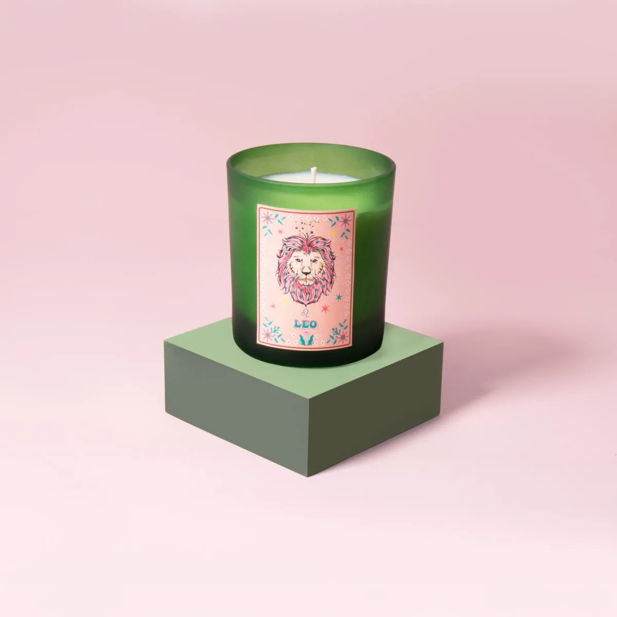 Leo Zodiac Illustration Frosted Green Scented Candle