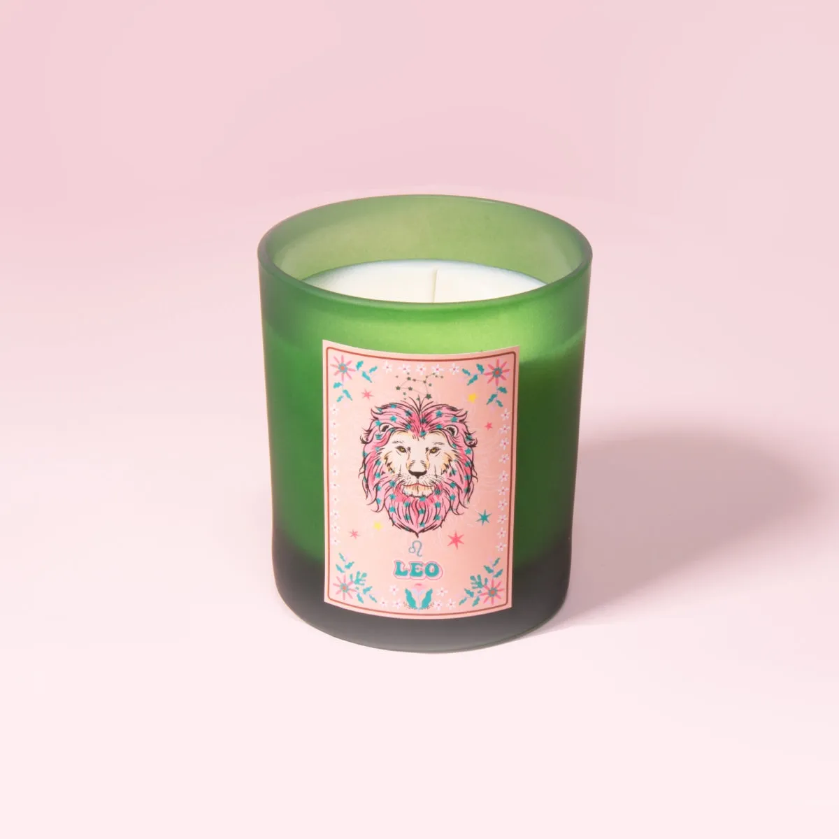 Leo Zodiac Illustration Frosted Green Scented Candle